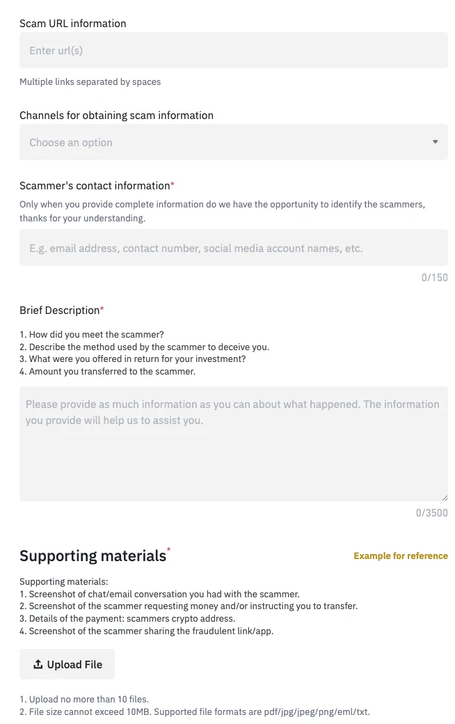 ទម្រង់រាយការណ៍ឆបោករបស់ Binance បង្ហាញវាលបញ្ចូលតំណគេហទំព័រ ព័ត៌មានអ្នកឆបោក ការពន្យល់ខ្លី និងបញ្ជីឯកសារភ្ជាប់