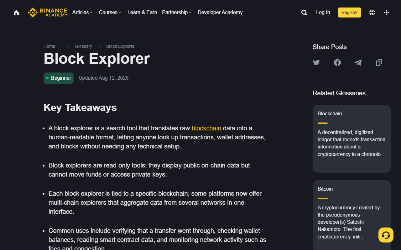 ទំព័រ Binance Academy អំពី Block Explorer បង្ហាញថាវាជាឧបករណ៍ស្វែងរកទិន្នន័យ blockchain និងមិនអាចចូលប្រើ private key