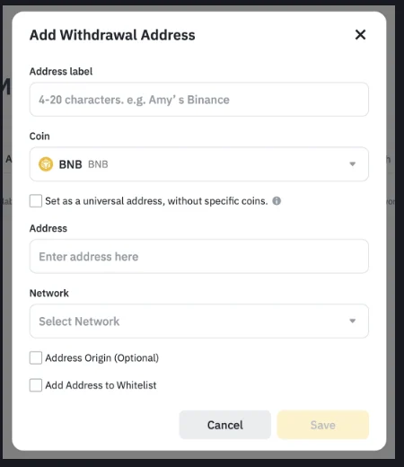 ប្រអប់ Add Withdrawal Address លើទំព័រជំនួយផ្លូវការ Binance មានវាល Address label, Coin, ជម្រើស universal address, Address, Network, Address Origin និងប្រអប់គូស Add Address to Whitelist