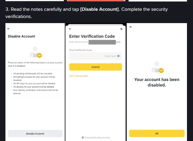 Disable Account էկրանը՝ հետևանքների ցանկով, email-ի կոդի հաստատումով և «Your account has been disabled» հաղորդագրությամբ