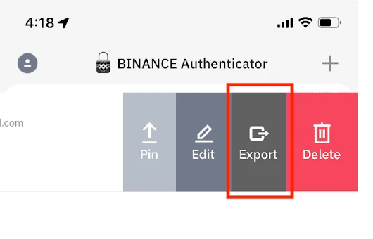 BINANCE Authenticator հավելվածի էկրանը՝ կոդի վրա ձախ սահեցնելուց հետո բացված Pin, Edit, Export և Delete կոճակներով, Export-ը կարմիր շրջանակի մեջ