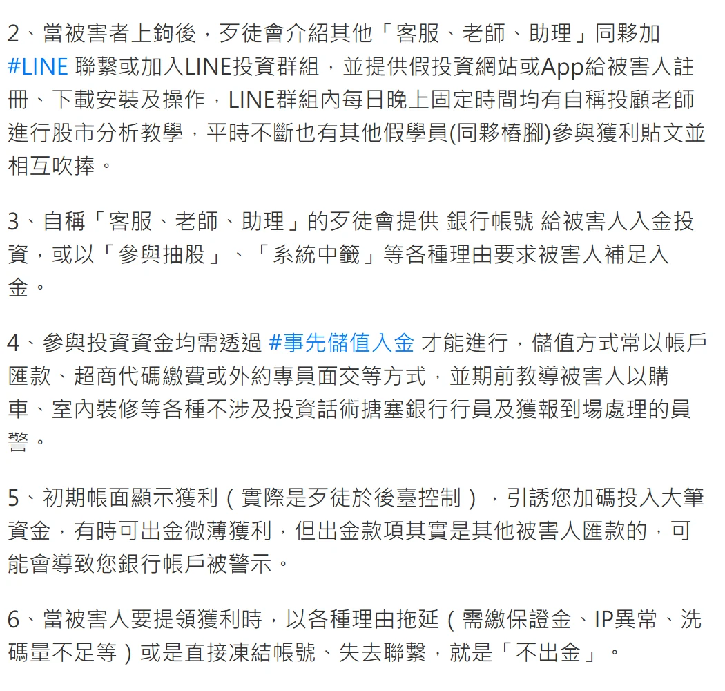 165 全民防騙網公告內文，第 2 至第 6 點說明歹徒如何拉人進投資群組、要求先入金、由後臺控制帳面獲利，最後以各種理由不出金