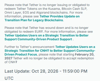 Tether 透明度頁面公告,說明已不再於 Kusama、Bitcoin Cash SLP、Omni Layer、EOS、Algorand 發行或贖回代幣,CNH₮ 自 2027 年 2 月 20 日起停止贖回,下方標示資料最後更新時間為 2026 年 10 月 28 日 23:59 UTC