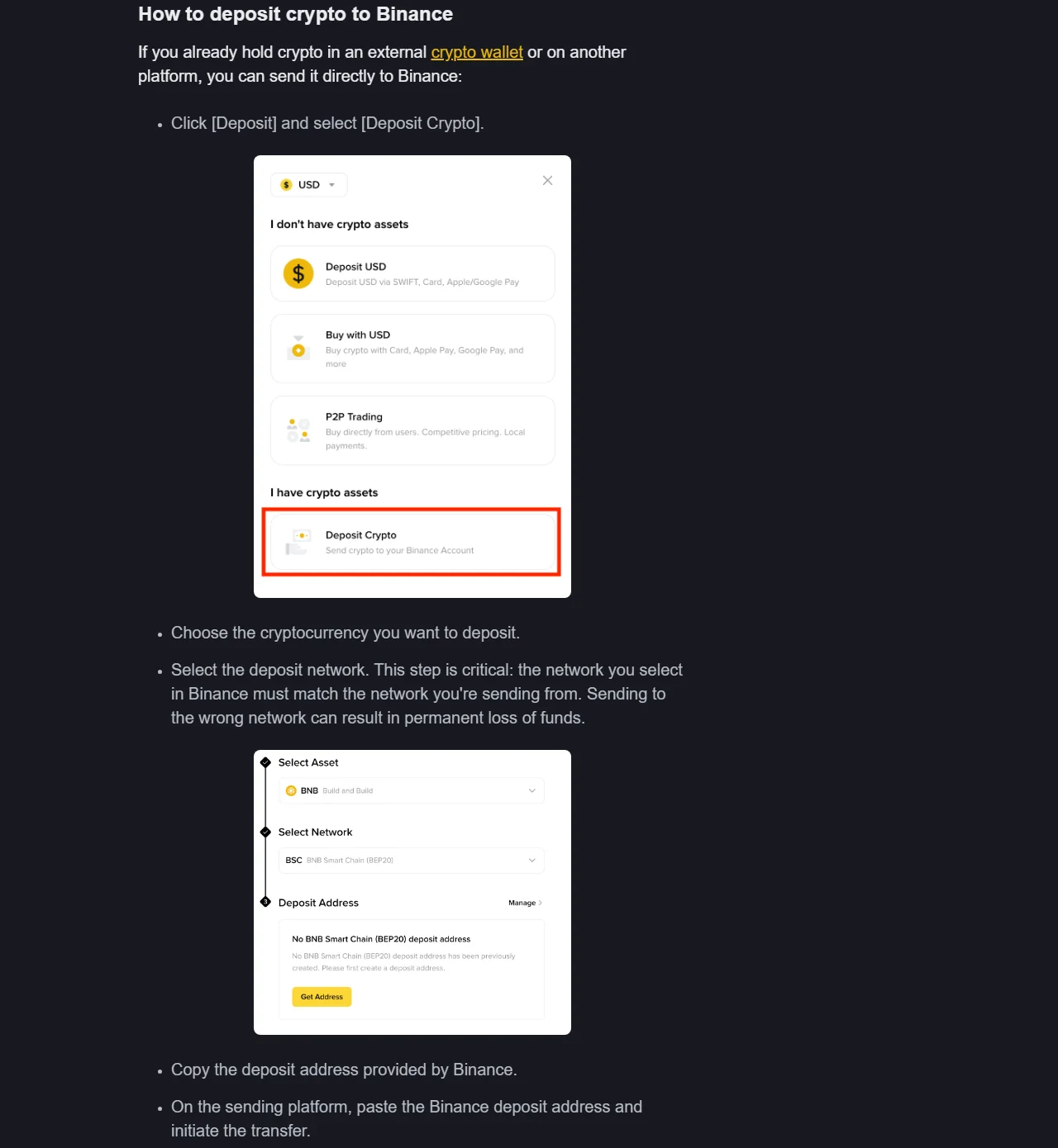 Binance Academy 的 Deposit Crypto 教學截圖，畫面依序顯示 Select Asset、Select Network 與 Deposit Address，範例資產為 BNB、網路為 BSC