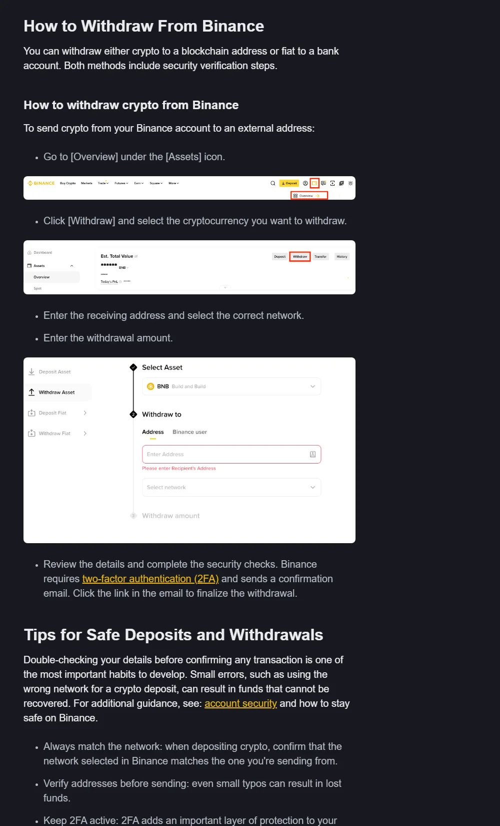 រូបថតអេក្រង់ពី Binance Academy បង្ហាញជំហាន Assets, Overview, Withdraw និងទម្រង់ដក crypto ដែលមានវាលអាសយដ្ឋាន អ៊ីនធឺហ្វេសជ្រើស network និង withdrawal amount