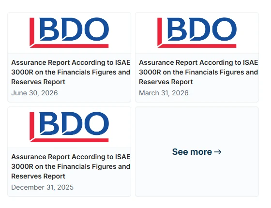 Tether 報告清單中三張帶 BDO 標誌的卡片,日期分別為 2026 年 6 月 30 日、2026 年 3 月 31 日與 2025 年 12 月 31 日