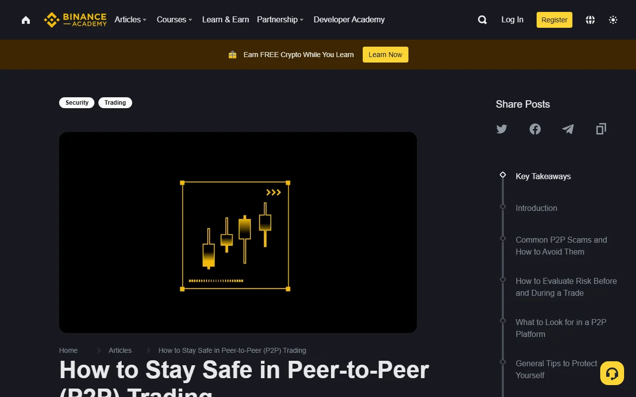 ទំព័រ Binance Academy ផ្លូវការពណ៌ខ្មៅ និងលឿង បង្ហាញរូប candlestick ពណ៌លឿង ចំណងជើង How to Stay Safe in Peer-to-Peer P2P Trading និងបញ្ជីផ្នែកអំពីការឆបោក P2P