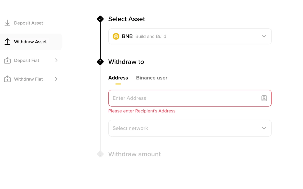 Binance Academy-ի պաշտոնական դուրսբերման ինտերֆեյսը՝ ակտիվի, ստացողի հասցեի և ցանցի ընտրության դաշտերով․ օրինակում ընտրված է BNB, իսկ USDT դուրս բերելիս պետք է ընտրել USDT