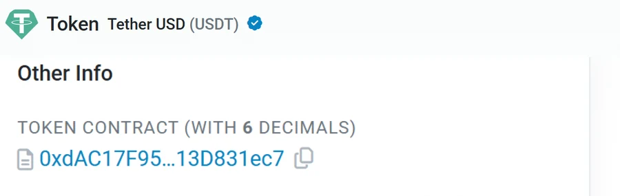 Etherscan 代幣頁面的標題列顯示 Token Tether USD (USDT) 與藍色認證標記，Other Info 欄顯示 TOKEN CONTRACT (WITH 6 DECIMALS) 0xdAC17F95…13D831ec7