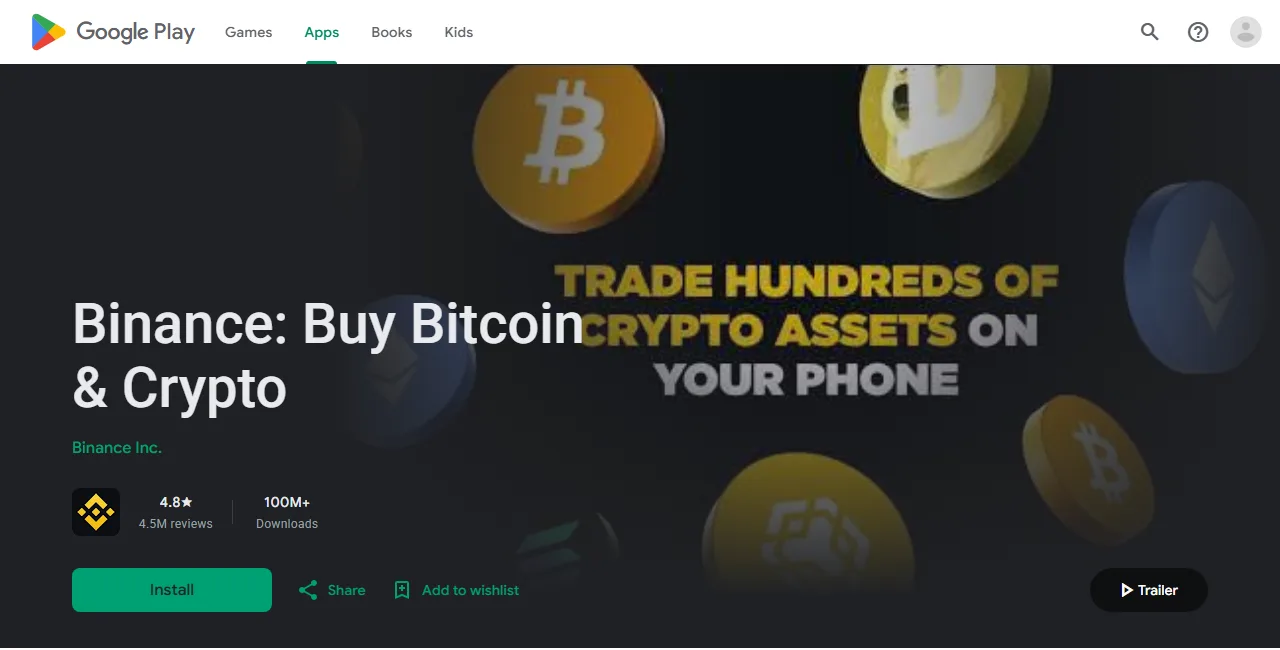 បញ្ជី app Binance ផ្លូវការនៅ Google Play ដែលបង្ហាញឈ្មោះ app និង developer Binance Inc.