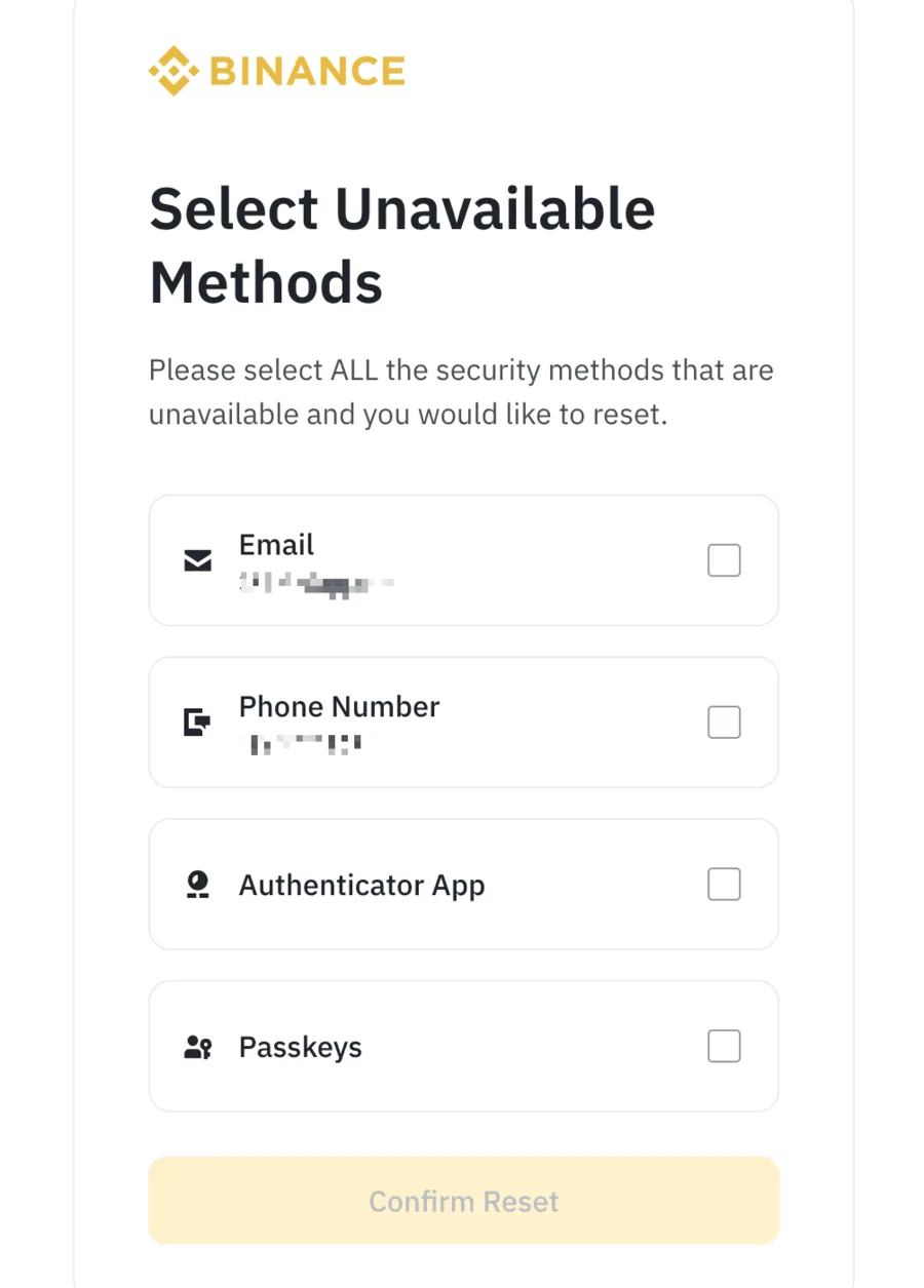 ទំព័រ Select Unavailable Methods របស់ Binance មានបញ្ជី Email, Phone Number, Authenticator App, Passkeys និងប៊ូតុង Confirm Reset