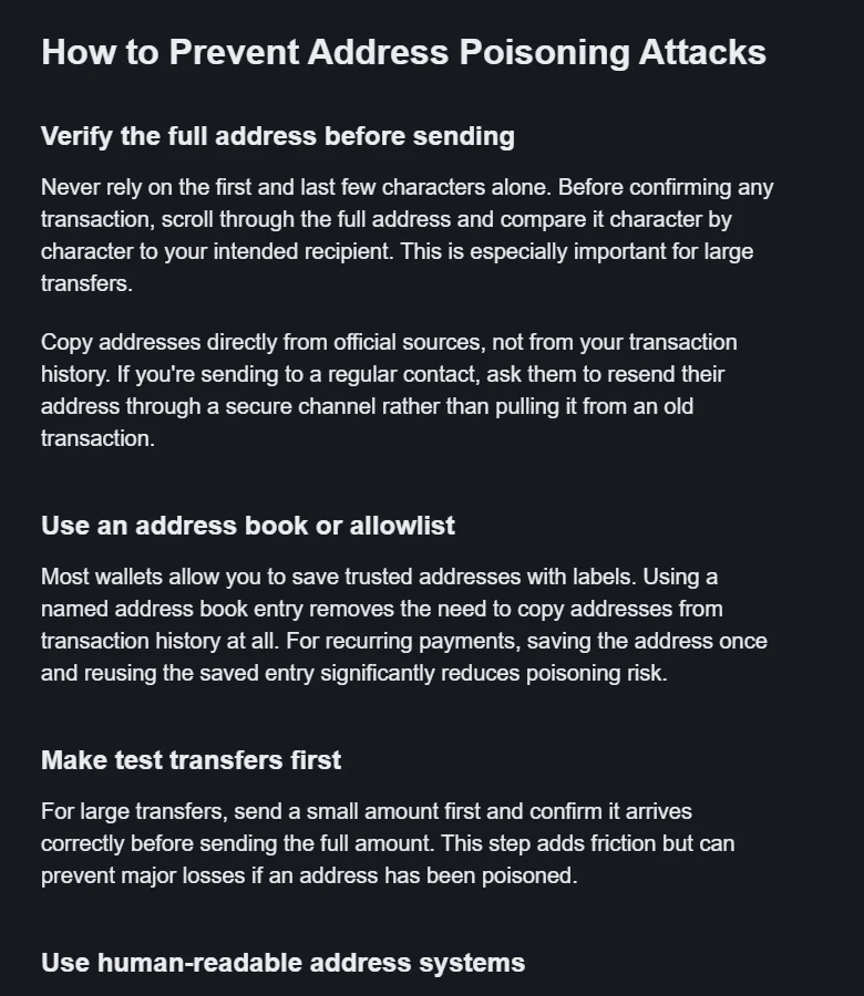 Binance Academy-ի How to Prevent Address Poisoning Attacks բաժինը՝ ամբողջական հասցեի ստուգման, հասցեագրքի և փորձնական փոխանցման խորհուրդներով