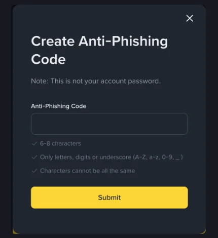 Binance 官方 Create Anti-Phishing Code 設定視窗