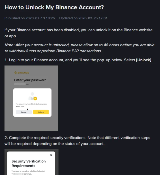 How to Unlock My Binance Account էջը՝ 48 ժամ սպասման նշումով և ապակողպման պատուհանով