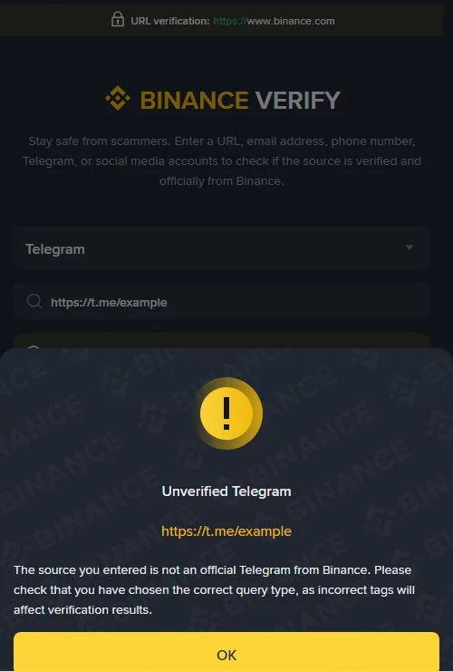 Binance Verify գործիքը Telegram տեսակով՝ https://t.me/example հարցման «Unverified Telegram» պատասխանի պատուհանով