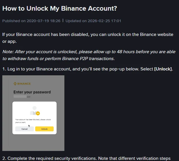 ទំព័រជំនួយ How to Unlock My Binance Account បង្ហាញកំណត់សម្គាល់រង់ចាំរហូតដល់ 48 ម៉ោង និងផុតអាប់ Unlock