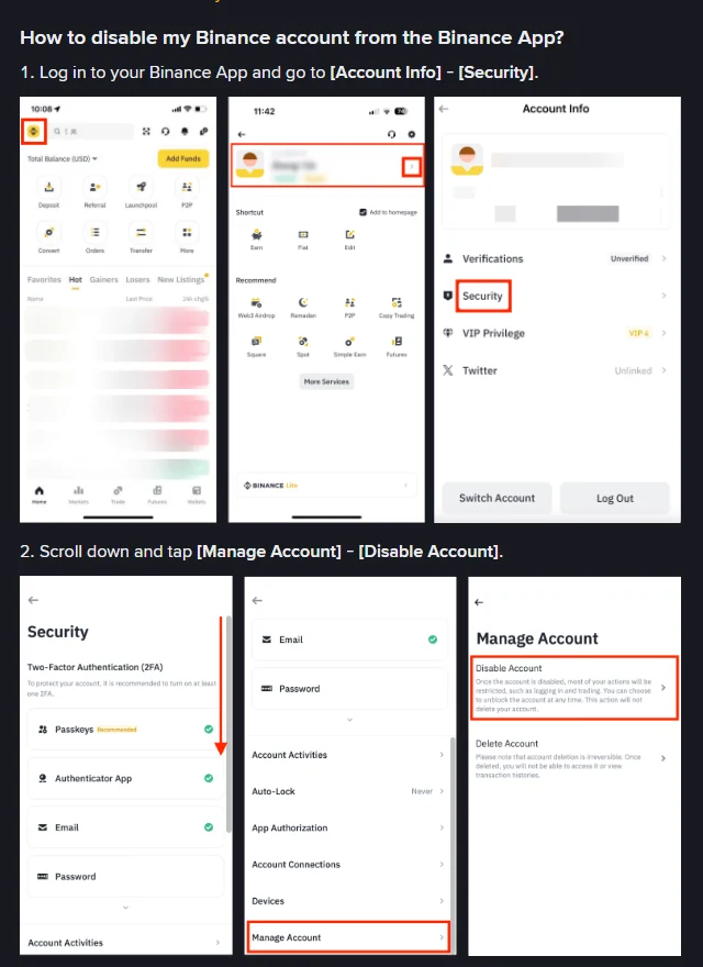 Binance-ի պաշտոնական օգնության էջի քայլ 1-ը և 2-ը՝ App-ում Account Info, Security, Manage Account և Disable Account կետերով