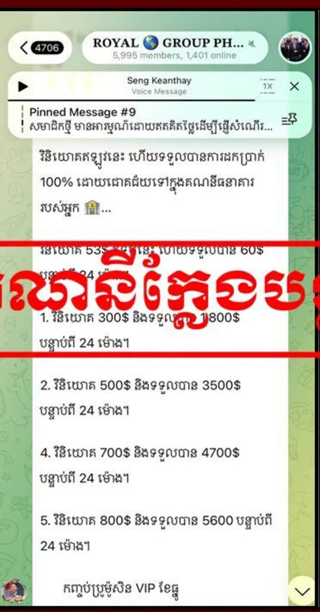 រូបថតអេក្រង់ក្រុម Telegram ដែល ន.ម.ក. បោះត្រា «គណនីក្លែងបន្លំ» បង្ហាញការសន្យាថាវិនិយោគ ៣០០ ដុល្លារ ទទួលបាន ១ ៨០០ ដុល្លារក្នុង ២៤ ម៉ោង