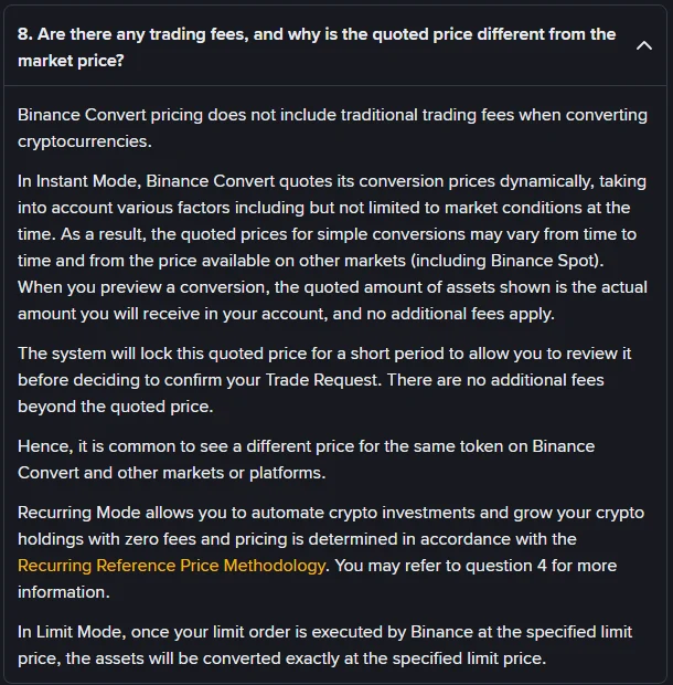 ចម្លើយផ្លូវការរបស់ Binance អំពីថ្លៃ Convert ដែលពន្យល់ថាតម្លៃ quote អាចខុសពីទីផ្សារផ្សេងរួមទាំង Binance Spot