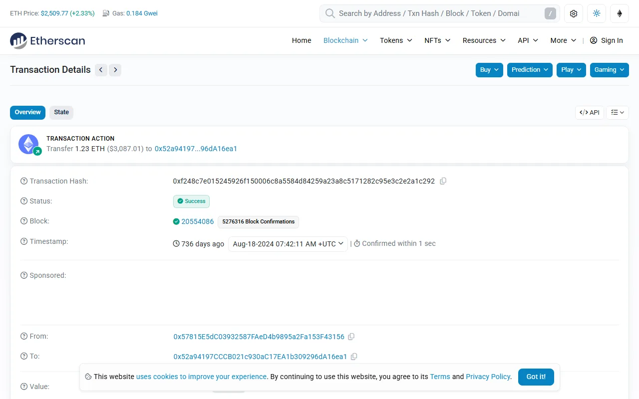 Etherscan 公開交易詳情頁，畫面顯示 Transaction Hash、Success 狀態、區塊確認數、時間與公開收發地址