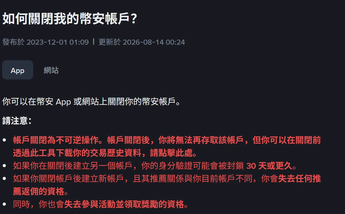 幣安繁體中文幫助頁「如何關閉我的幣安帳戶？」，紅字列出帳戶關閉為不可逆操作、新帳戶身分驗證可能被封鎖 30 天或更久等四項注意事項