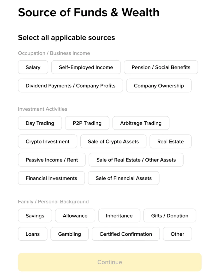 Binance-ի պաշտոնական Source of Funds & Wealth ձևը՝ 23 աղբյուրի կոճակներով երեք խմբում՝ Occupation / Business Income, Investment Activities և Family / Personal Background