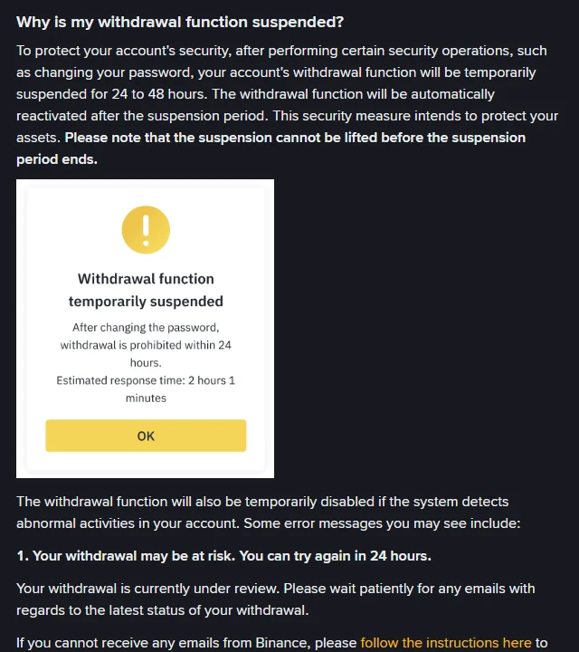 Binance-ի օգնության էջը՝ դուրսբերման 24–48 ժամ ժամանակավոր սառեցման բացատրությամբ և «Withdrawal function temporarily suspended» պատուհանով
