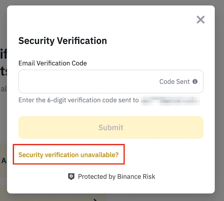 Binance-ի Security Verification պատուհանը՝ Email Verification Code դաշտով և ներքևում կարմիր շրջանակով ընդգծված «Security verification unavailable?» հղումով