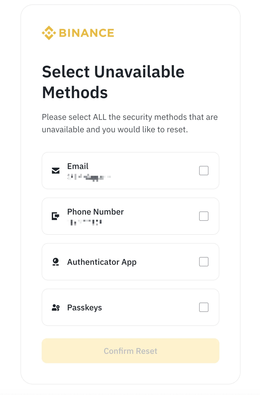 Binance-ի Select Unavailable Methods էջը՝ Email, Phone Number, Authenticator App և Passkeys տողերով, նշման վանդակներով և Confirm Reset կոճակով