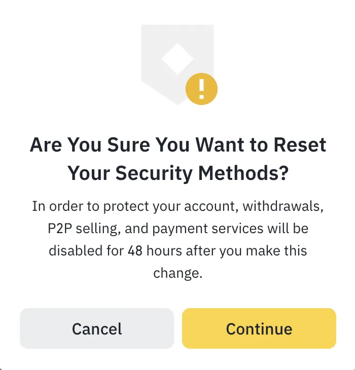 ផ្ទាំងព្រមានរបស់ Binance សរសេរថា withdrawals, P2P selling និង payment services នឹងត្រូវបិទ 48 ម៉ោង