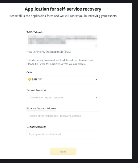 ទម្រង់ Application for self-service recovery របស់ Binance មានវាល TxID/TxHash, Coin, Deposit Network, Binance Deposit Address និង Deposit Amount