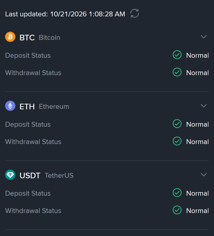 ទំព័រស្ថានភាពដាក់-ដករបស់ Binance បង្ហាញម៉ោងធ្វើបច្ចុប្បន្នភាពចុងក្រោយថ្ងៃទី 21/10/2026 និងជួរ BTC, ETH, USDT ដែលស្ថានភាពដាក់ចូល និងដកចេញសុទ្ធតែ Normal