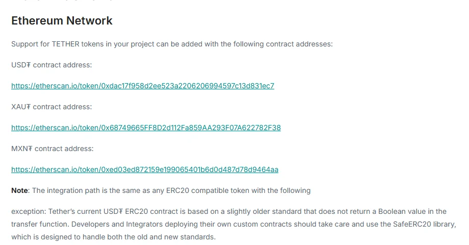 Tether-ի էջի Ethereum Network բաժինը՝ USD₮, XAU₮ և MXN₮ contract հասցեների etherscan.io հղումներով