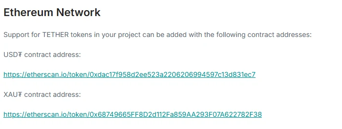 Tether 官方頁面的 Ethereum Network 區塊，USD₮ 與 XAU₮ 各自連向不同的 etherscan.io 合約網址