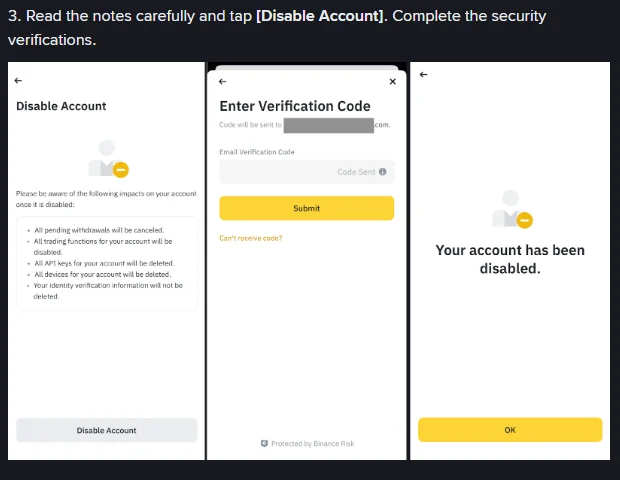 អេក្រង់ Disable Account បង្ហាញបញ្ជីផលប៉ះពាល់ និងអេក្រង់បញ្ជាក់ថា Your account has been disabled