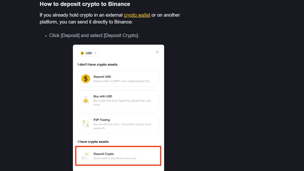 ទំព័រជំនួយផ្លូវការរបស់ Binance បង្ហាញម៉ឺនុយ Deposit និងជម្រើស Deposit Crypto