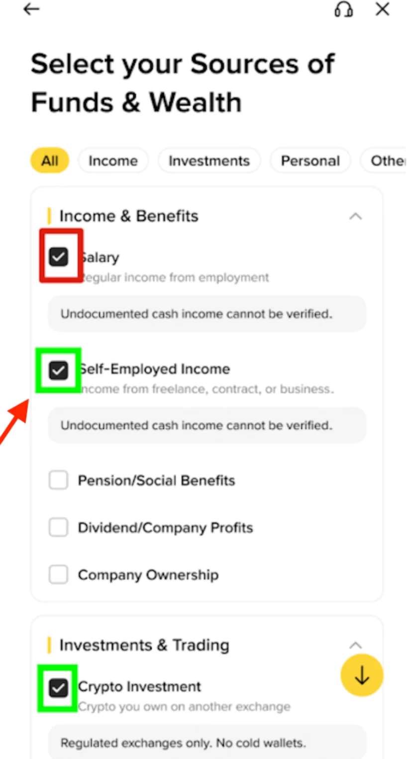 Binance-ի աղբյուրների ընտրության էկրանը՝ Salary-ի տակ «Undocumented cash income cannot be verified», Crypto Investment-ի տակ՝ «Regulated exchanges only. No cold wallets.»