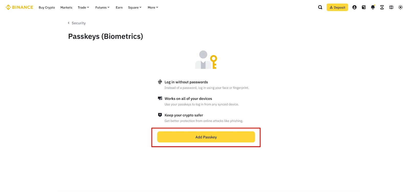 Binance 官方 Passkeys 頁面與 Add Passkey 按鈕
