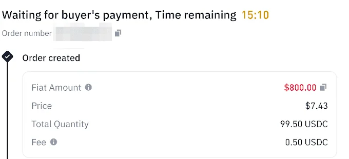 ទំព័រ order អ្នកលក់នៅ Binance P2P បង្ហាញ «Waiting for buyer's payment» ជាមួយនាឡិកា 15:10 និងប្រអប់ Order created ដែលមានជួរ Fiat Amount, Price, Total Quantity និង Fee