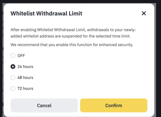 ប្រអប់ Whitelist Withdrawal Limit លើទំព័រជំនួយផ្លូវការ Binance បង្ហាញជម្រើស OFF, 24 hours, 48 hours និង 72 hours ដោយ 24 hours ត្រូវបានជ្រើស