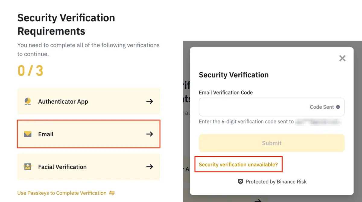 ផ្ទាំង Security Verification Requirements របស់ Binance បង្ហាញ 0/3 និង pop-up ដែលមានតំណក្រហម Security verification unavailable?
