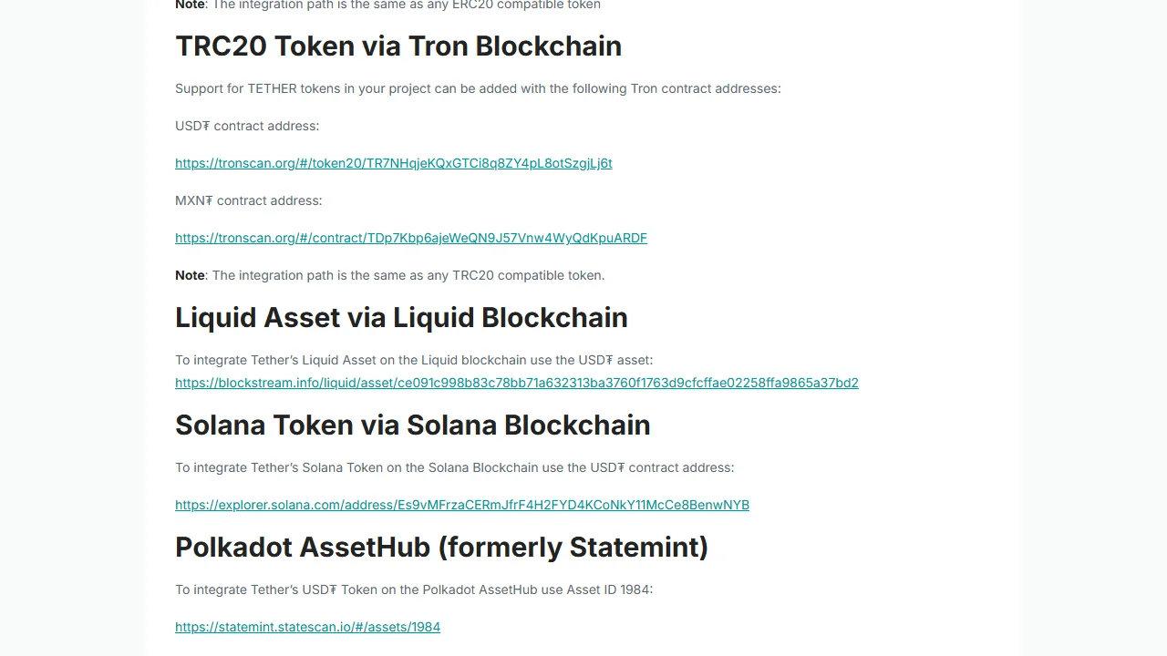 ទំព័រ Tether Supported Protocols បង្ហាញផ្នែក TRC20 Token via Tron Blockchain ជាមួយតំណ contract address USD₮ ផ្លូវការ និងបញ្ជីបណ្ដាញផ្សេង