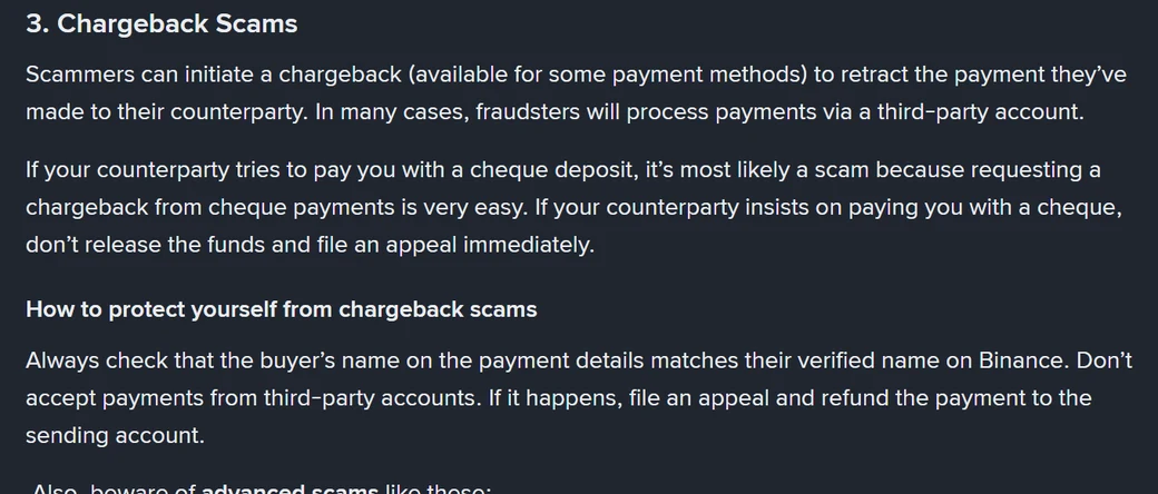 Binance-ի էջի հատվածը chargeback-ի մասին՝ երրորդ անձի հաշիվներից վճարումներ չընդունելու խորհրդով