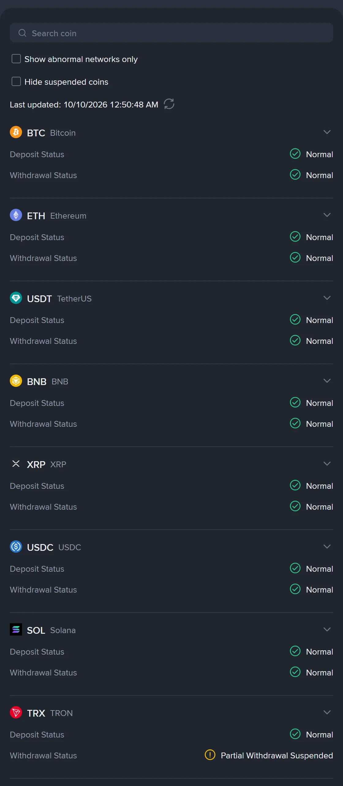 Binance-ի Deposit and Withdrawal Status էջը 2026 թ. հոկտեմբերի 10-ի դրությամբ․ USDT-ի մուտքագրումն ու դուրսբերումը Normal վիճակում են, իսկ TRX-ի դուրսբերման դիմաց գրված է Partial Withdrawal Suspended