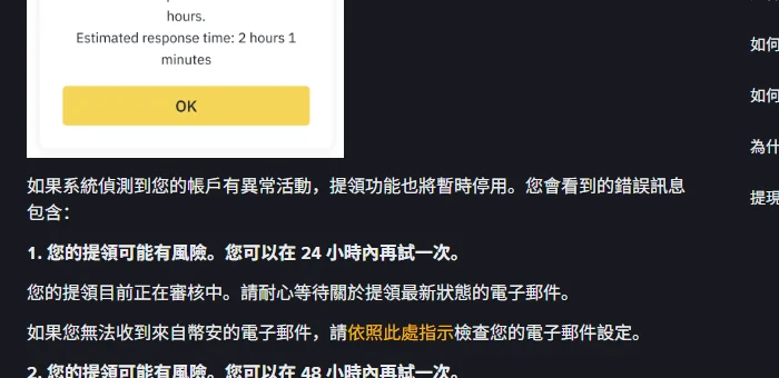 幣安說明頁列出的異常活動錯誤訊息：第一種是提領可能有風險、24 小時內可再試一次並等待狀態電子郵件，第二種是 48 小時內再試一次