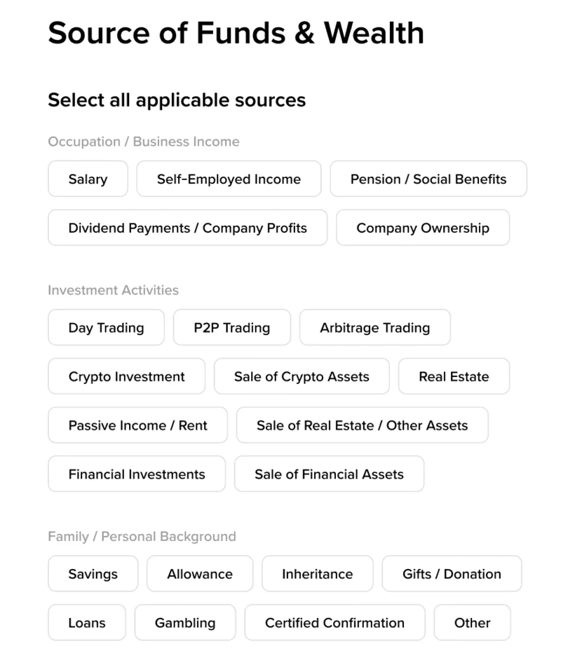 ទម្រង់ Source of Funds & Wealth ផ្លូវការរបស់ Binance បង្ហាញជម្រើស ២៣ ក្នុងបីក្រុម រួមមាន Salary, Self-Employed Income, Day Trading, P2P Trading, Savings និង Allowance