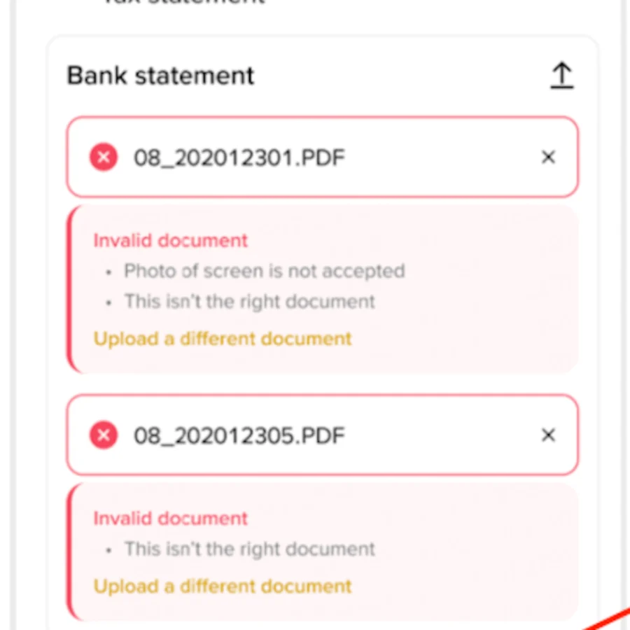 Binance-ի պաշտոնական էկրանի նկարը՝ երկու մերժված PDF ֆայլ «Invalid document» բացատրությամբ, «Photo of screen is not accepted» և «This isn't the right document» պատճառներով