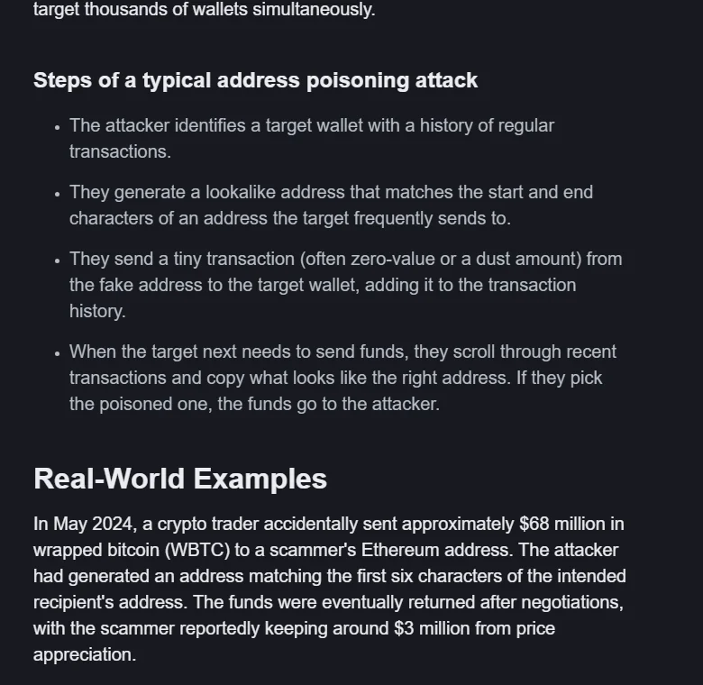 Binance Academy-ի «Steps of a typical address poisoning attack» ցանկը և Real-World Examples բաժինը 2024 թ. մայիսի WBTC դեպքի նկարագրությամբ
