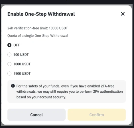 ប្រអប់ Enable One-Step Withdrawal លើទំព័រជំនួយផ្លូវការ Binance បង្ហាញដែនកំណត់គំរូ 24h verification-free limit 10000 USDT និងជម្រើសកូតា OFF, 500, 1000, 1500 USDT ព្រមទាំងសេចក្ដីរំលឹកថានៅតែអាចត្រូវស្នើ 2FA